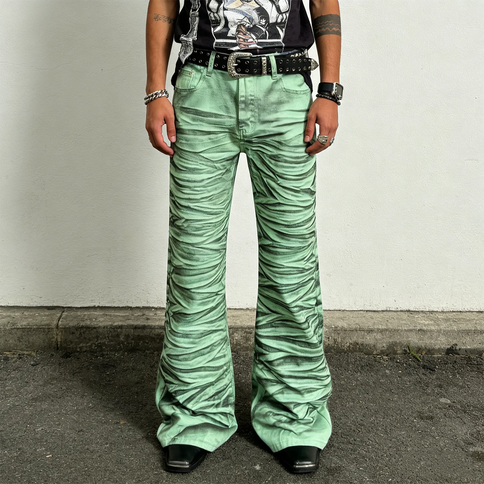 Vintage Washed Green Striped Flared Jeans Skinny Casual Y2k Streetwear Tie-Dye Denim Flare Trousers Hip Hop Slim Fit Denim Pants