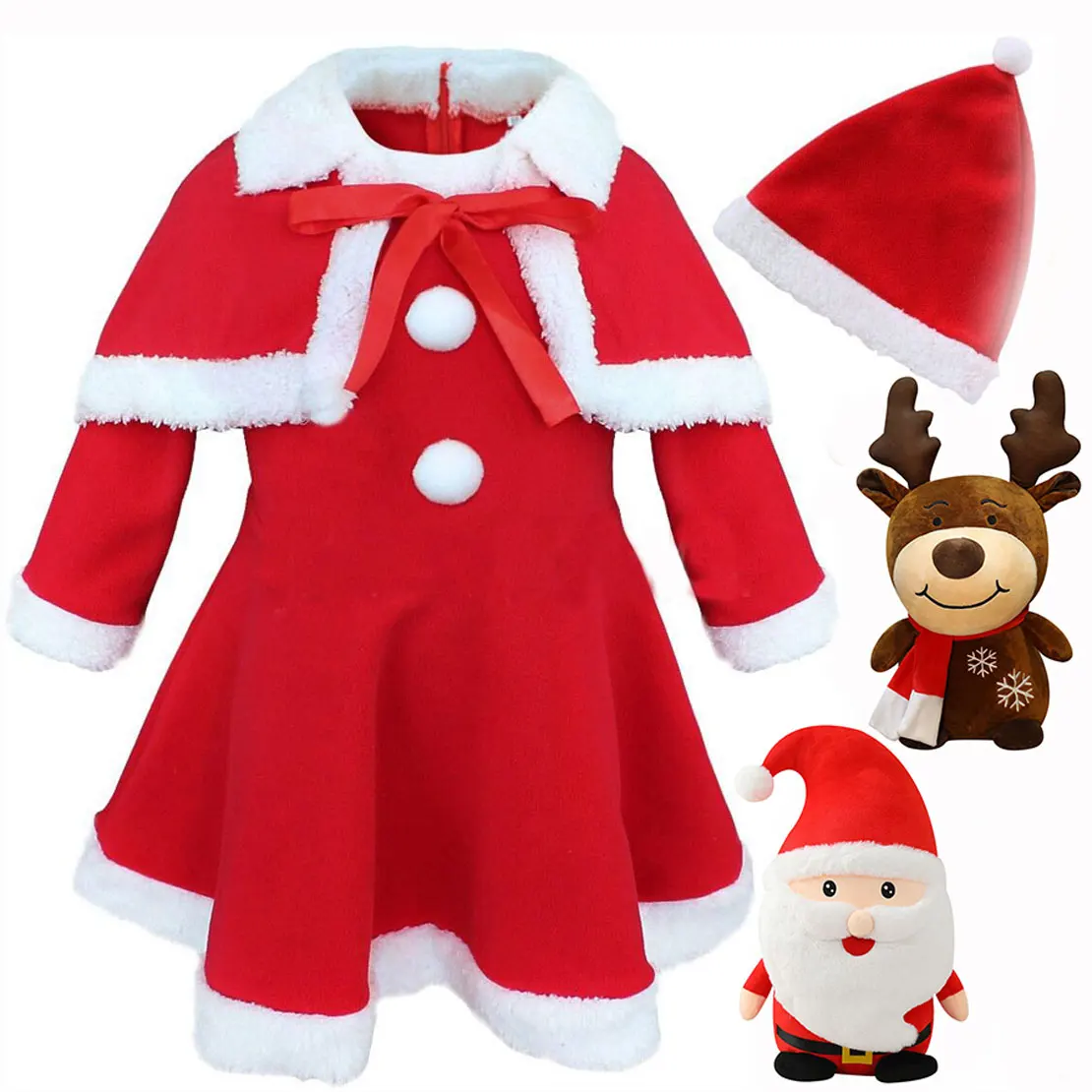 New Christmas Cute girl Clothes Santa Claus Cosplay Costume Toddler Winter Outwear Red Long Sleeve Clothes With Elk Santa Doll