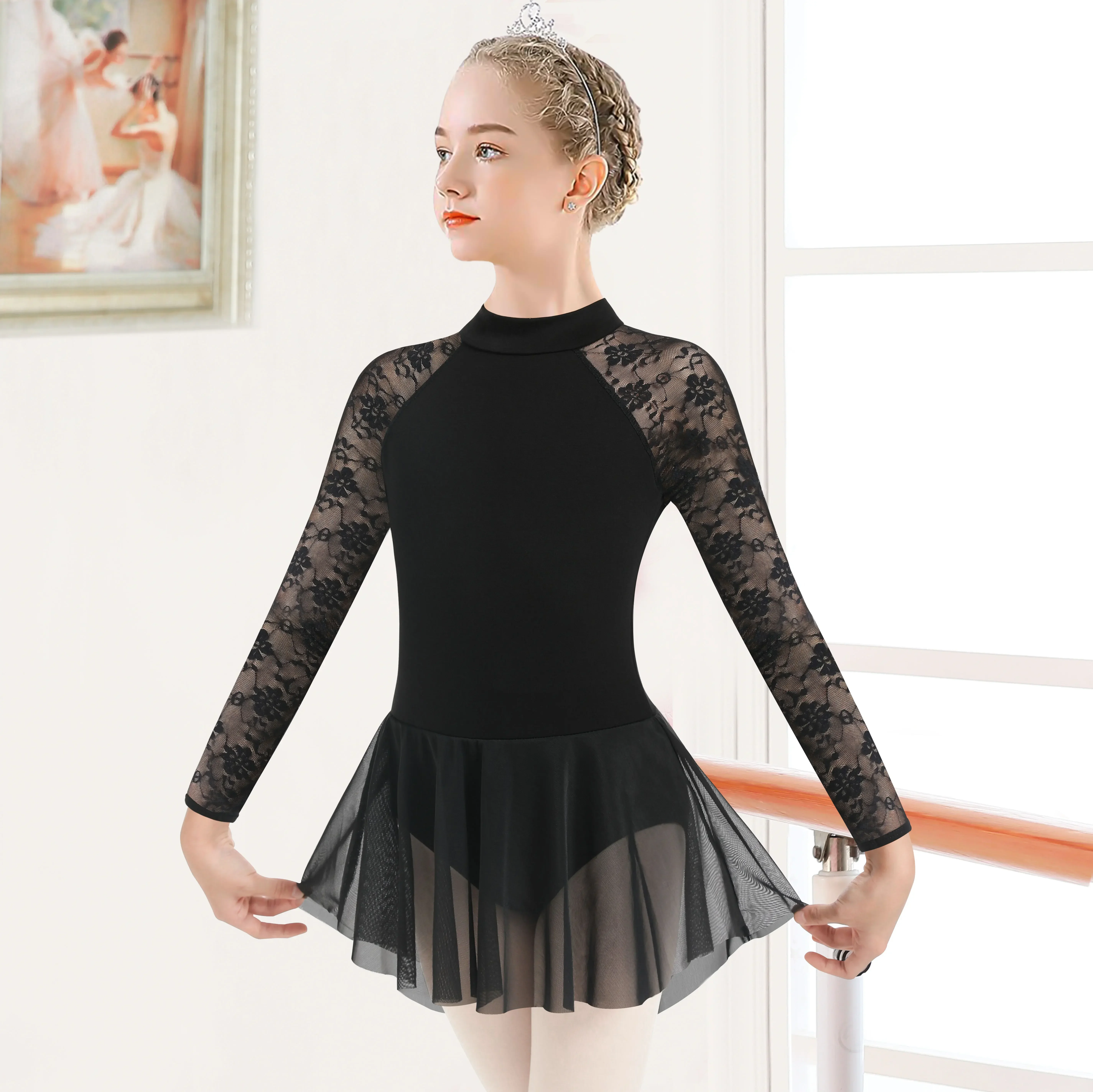 Bailarina dança ballet collant com saia, meninas grandes rendas mangas dancewear