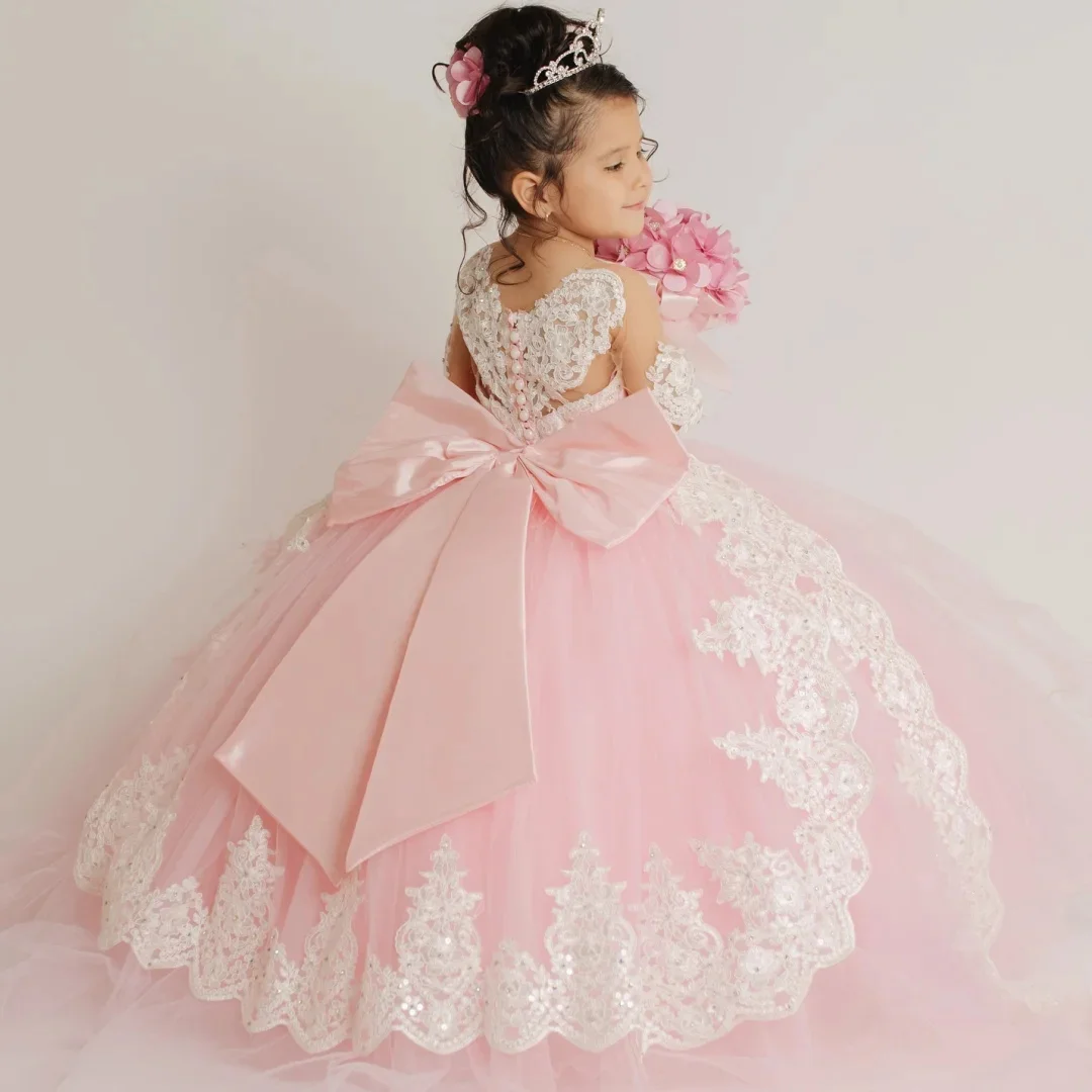 Cswdocy Customized Wedding Birthday Floral Embroidery With Bow Pink Flower Girl Dress Long Sleeve For Party Prom Banquet Gown