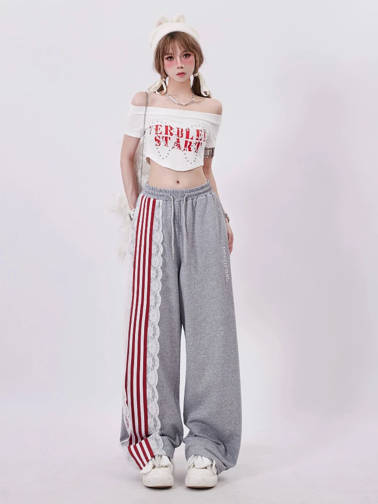 Streep oversize Y2k Street Fashion sportbroek Mode rechte buisbroek Dames joggingbroek High Street Streetwear Vintage