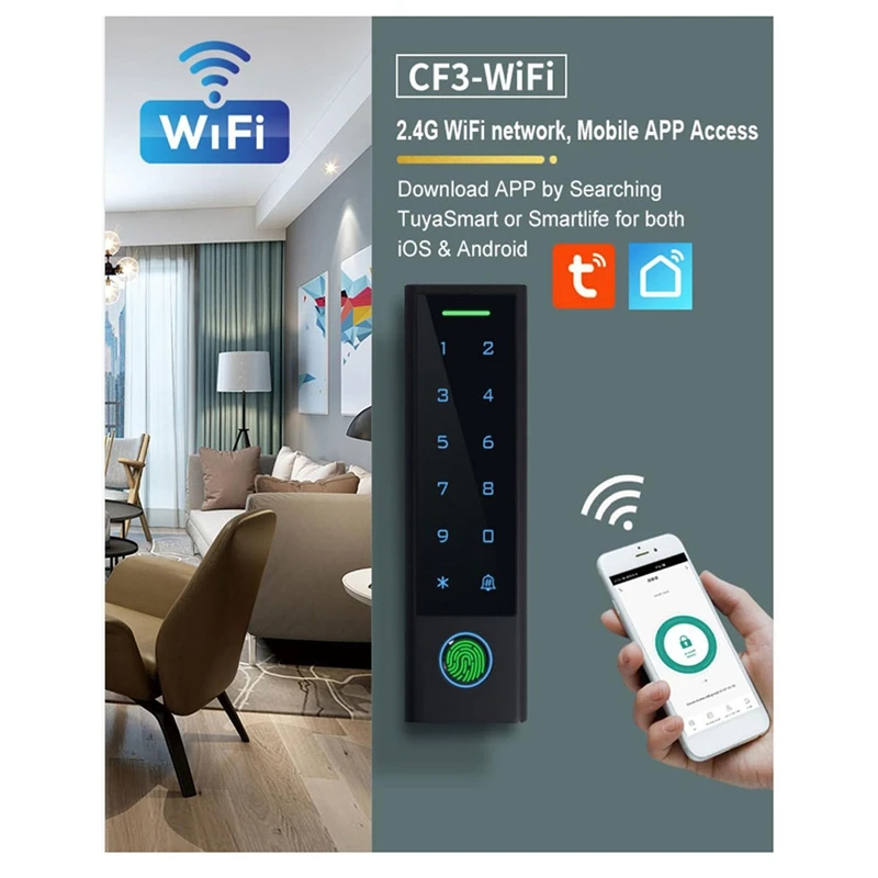 Czarny, smukły plastikowy obudowa z klawiaturą, system kontroli dostępu do drzwi z czytnikiem linii papilarnych Tuya WiFi TTLock, czytnik kart 125KHz - A23U