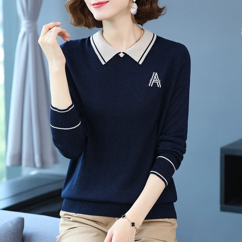 

Autumn Winter Knitted Sweater Chic Top with Collar Flip Design for Middle-Aged Women Faionable Long Sve Color