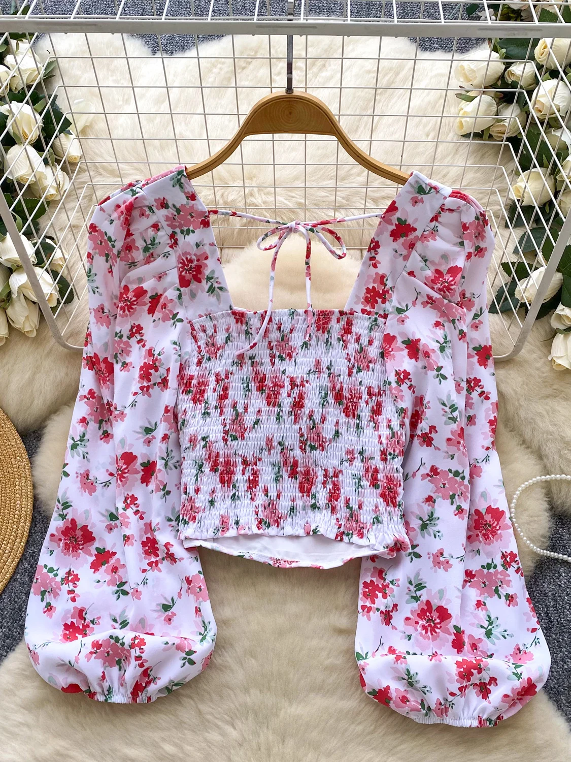 

Ele Floral Print Bubble Sve Square Collar ort irt Women's Summer Vintage Trendy Top Korean Sle Loose Fit Blouse