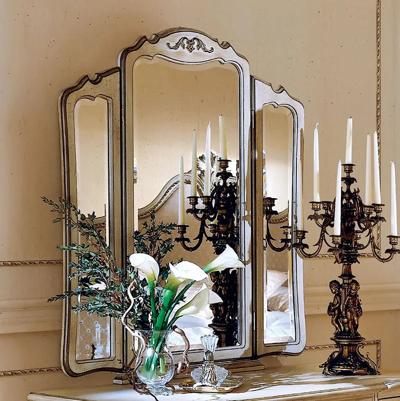 

French carved three-sided mirror home bedroom desktop dressing antique simple HD smart makeup mirror bathroom mirror