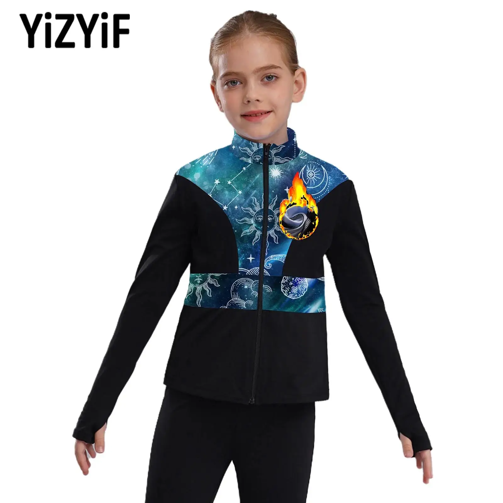 Fashion Kids Girls Sport Figure Skating Outerwear Printed Long Sleeve Sweatshirt Children Yoga Gymnastics Dance Fitness Clothing