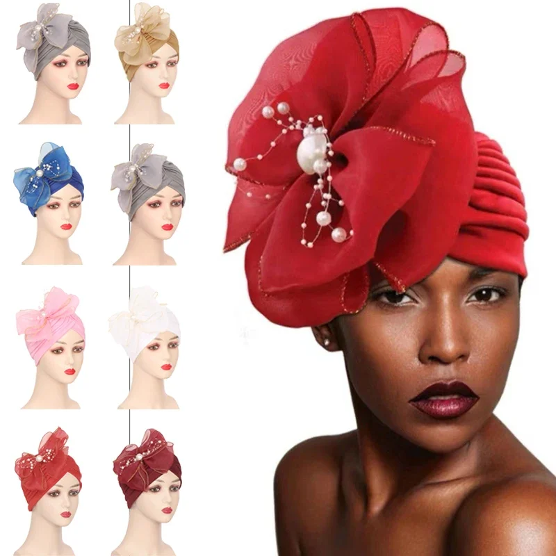 

Lastest Indian Big Flower Turban Women Muslim Bowknot Hijab Hat African Auto Gele Headtie Wedding Aso Oke Cap Headscarf Bonnet