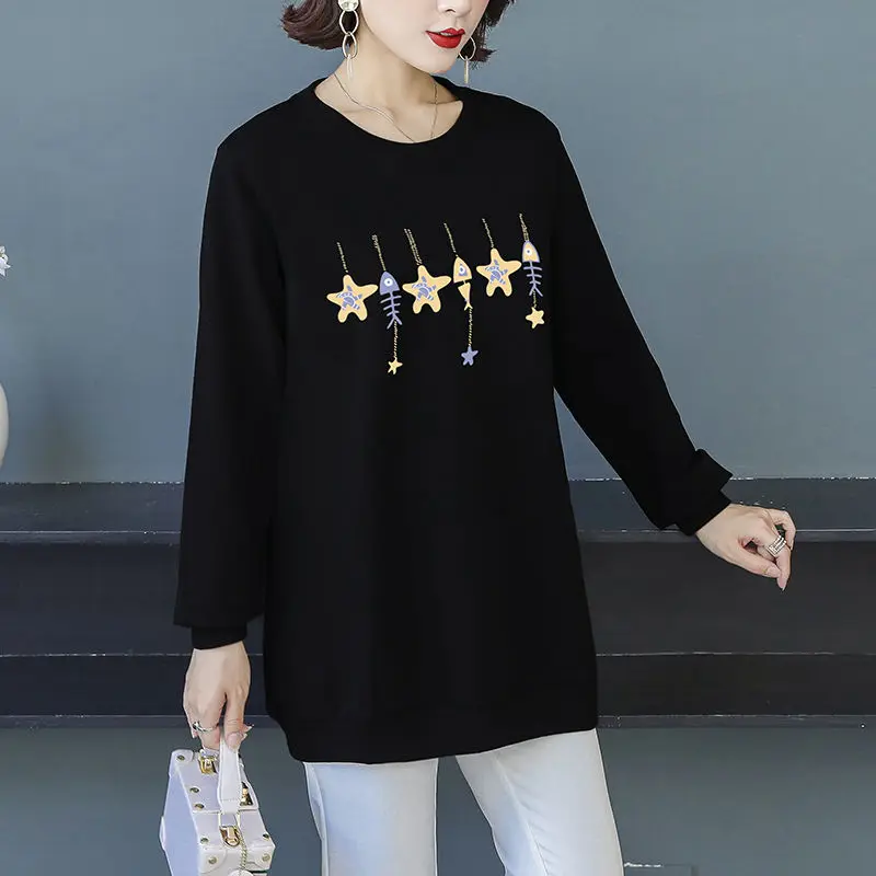 Women Autumn Winter Korean Fashion 2022 Long Sleeve Round Neck All-match Pullover Female Clothes Print Casual Loose Tunic Tops