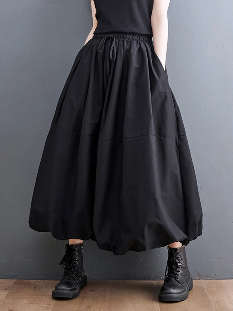 Black Vintage High Waist Pleated Skirt Women Fashion Plus Size Drawstring Loose Casual Long Skirts Clothing Spring Autumn 2025