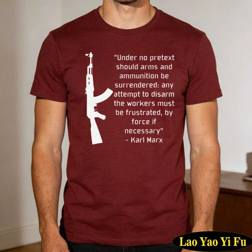 T-shirt en coton minimaliste avec motif Karl Marx AK47, imprimé texte « Workers Defense», à manches courtes, confortable, pour les amateurs de philosophie