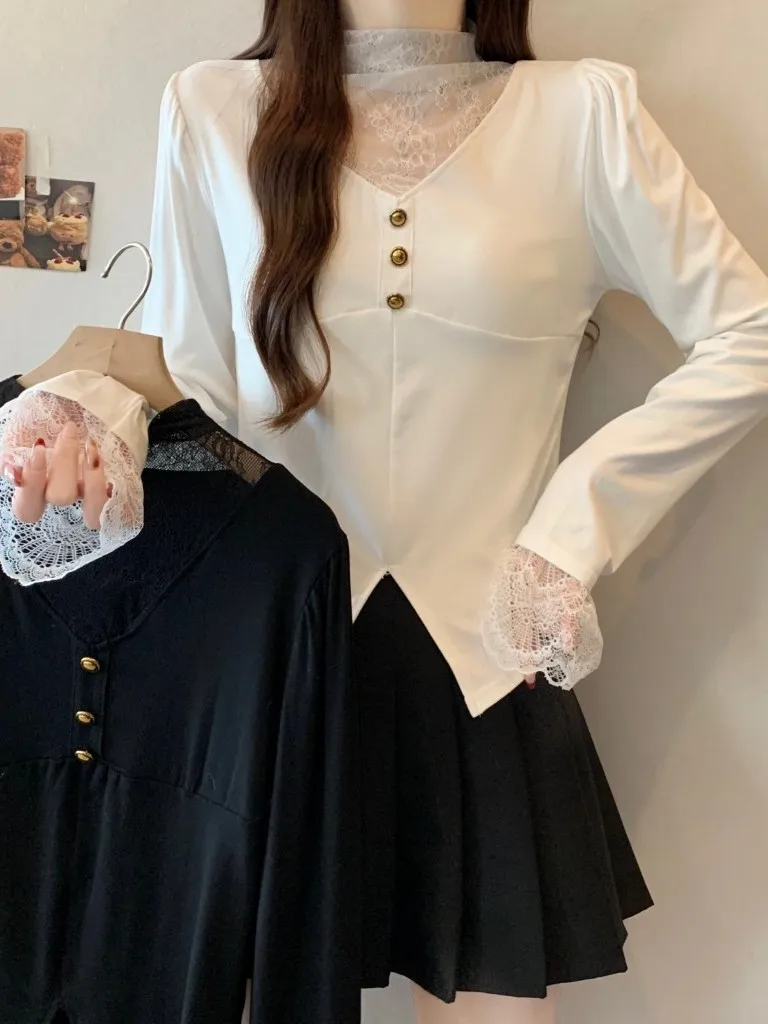 

Кружевная футболка High Ne, женская базовая футболка размера плюс, утягивающая внутренняя одежда, корейский свободный крой, длинный све