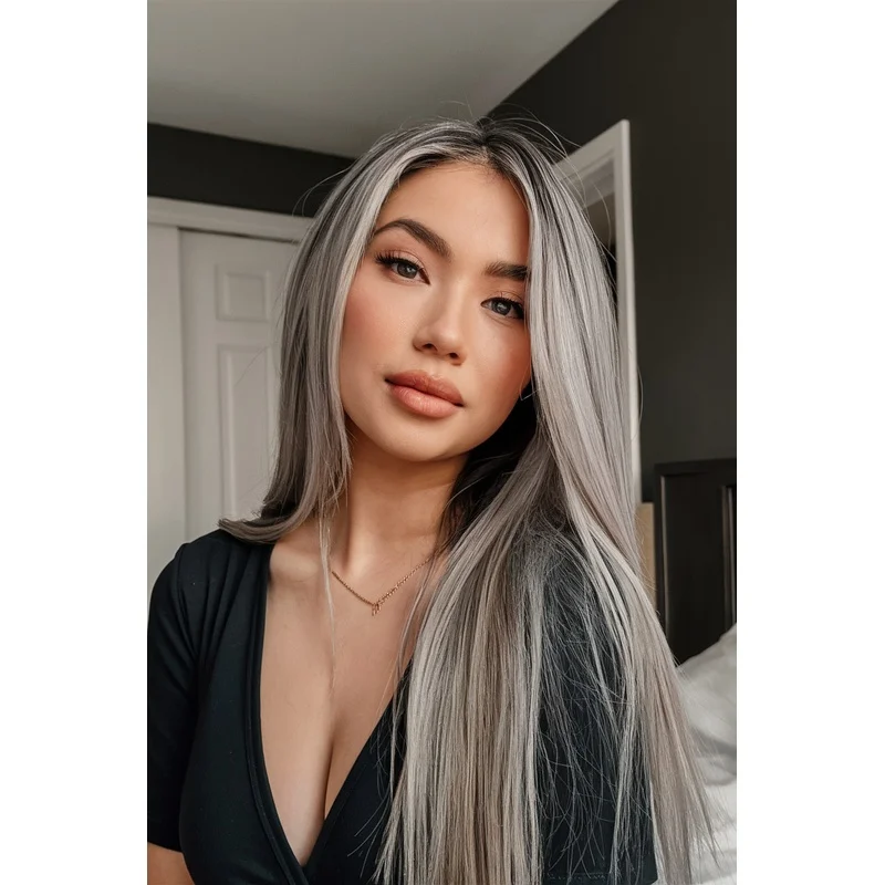 20inch Long Straight Ombre Dark Gray Wigs 100% Human Hair Wigs Lace Front Wigs