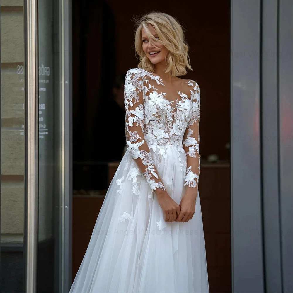 ANGEL-Robe de Mariée Trapèze en Dentelle à Manches sulf, Encolure Rond, avec des Appliques aux Patients, quel que soit le Bouton, Grande Taille, Éducative