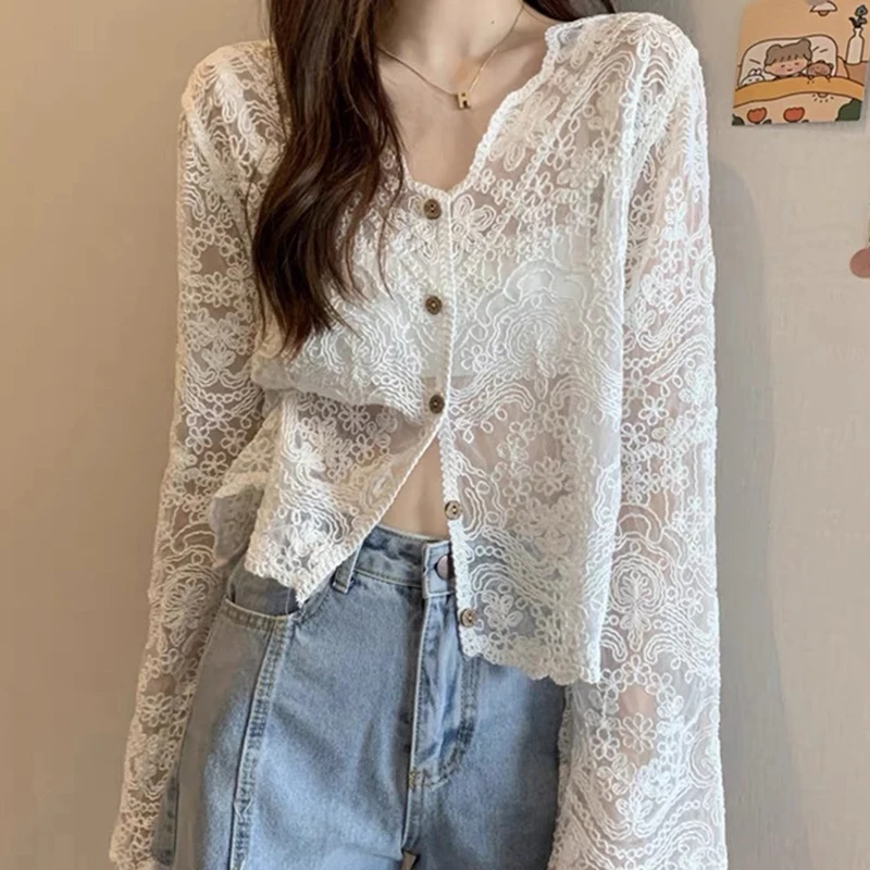 Women Lace Hollow Long Sleeve Shirt Korean Fashion Preppy Style Sweet Blouse Summer Loose All Match Apricot Female Tops