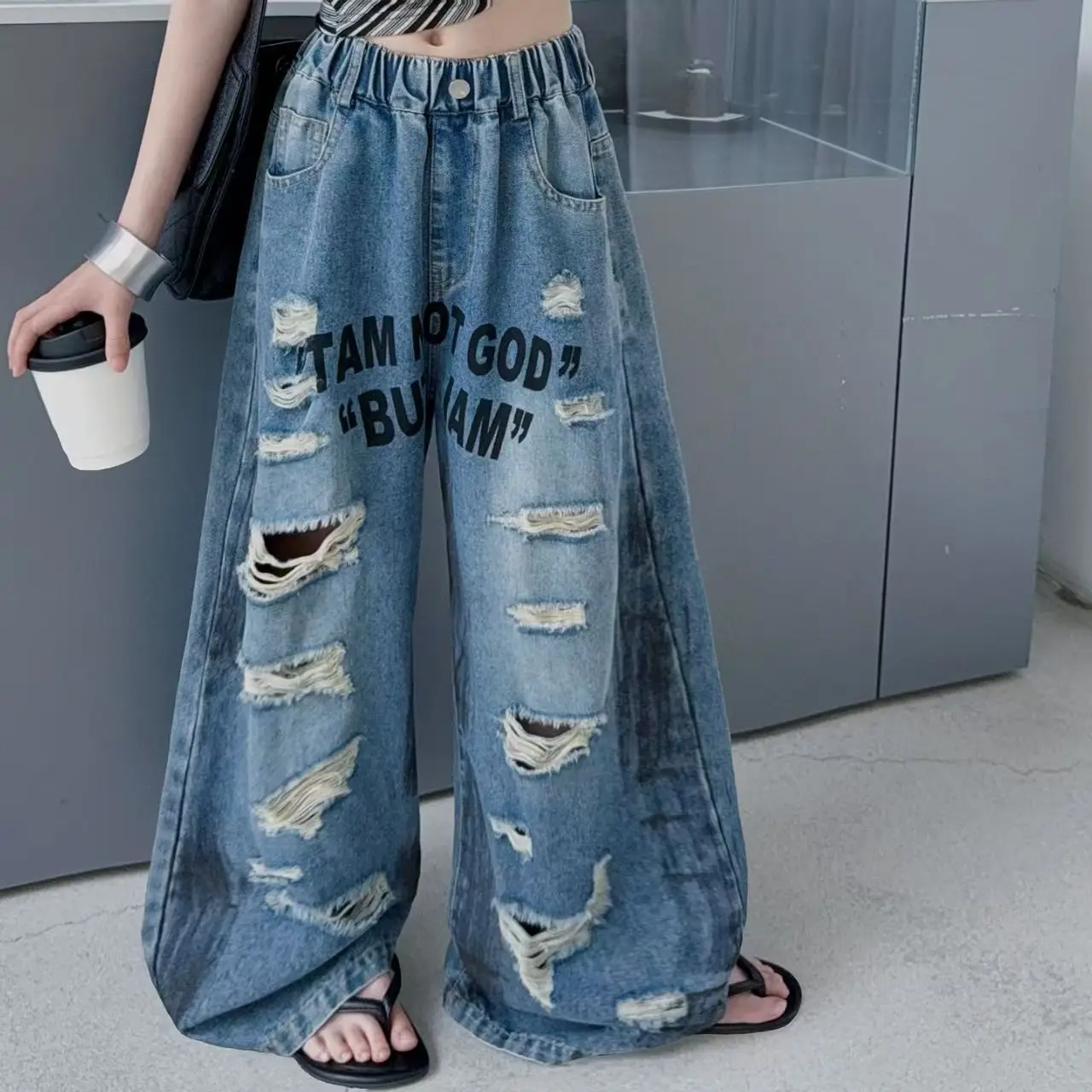Kids Summer High Fashion Broken Jeans With Holes for Girls Street Hiphop Trousers Teen Girl Trendy Retro Washed Blue Denim Pants