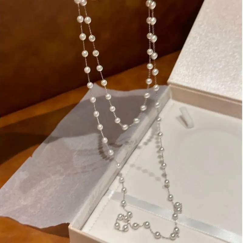 Luxury Necklace Double-Layered White Pearl Necklace for Women Fashionable Long Chain Dress Accessories Gift for Girl Mother