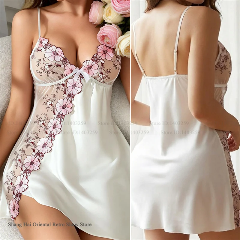 Summer Female Suspender Nightgown Chemise Sleepwear Sexy Patchwork Lace Night Dress Lingerie Silky Satin Home Clothes Loungewear
