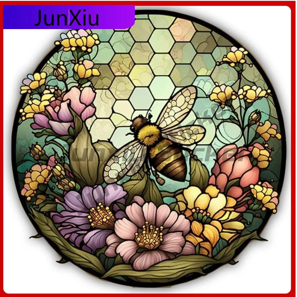 

Stained Glass Art Bee Decals Honeycomb Round Shaped Vinyl Car Sticker Ocean Gift Animal Adventure Motorcycle Stickers Camping