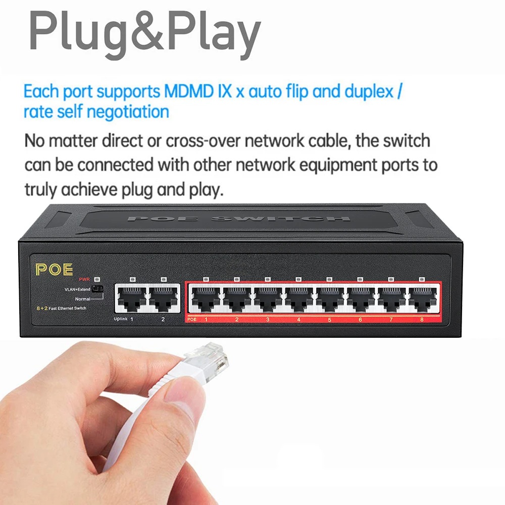 8 Port POE Switch 10/100Mbps Ethernet Switch 8 POE +2 Uplink With Internal Power for Wifi Router/IP Camera/ Wireless AP