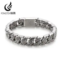 Fongten 22cm Cuban Chain Bracelet For Men Stainless Steel Totem Heavy Wristband Male Charm Bracelets Bangle Silver Color Jewelry