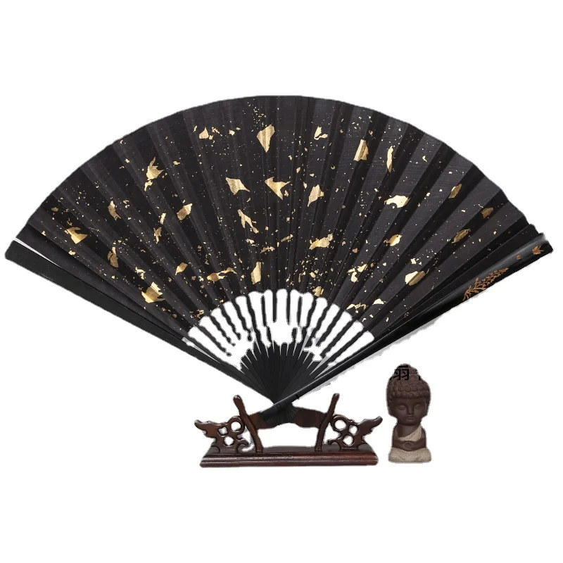 9.5-Inch 8 Square Black Jade Bamboo Folding Fan Hand Carved Fan with Su Gong Real Gold Fan Surface Get Fan Control Stem Free