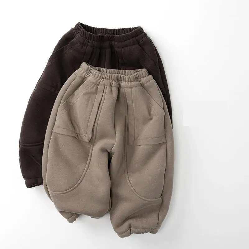 

2025 Winter New Children Fleece Trousers Solid Boys Pocket Casual Pants Girls Plus Velvet Thick Warm Pants Cotton Kids Clothes