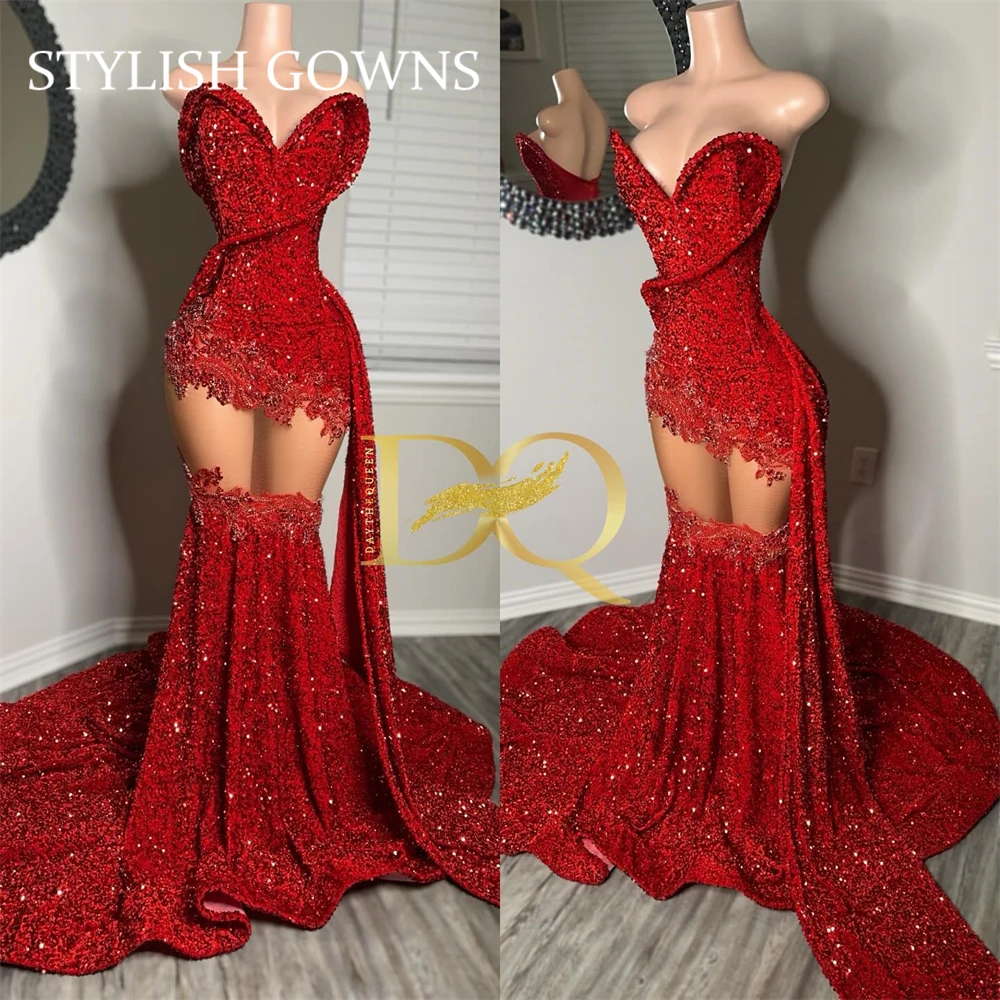 Red Sweethear Long Prom Dress For Black Girls 2025 Sequined Birthday Party Dresses Evening Gowns Gown Robe De Bal Customized