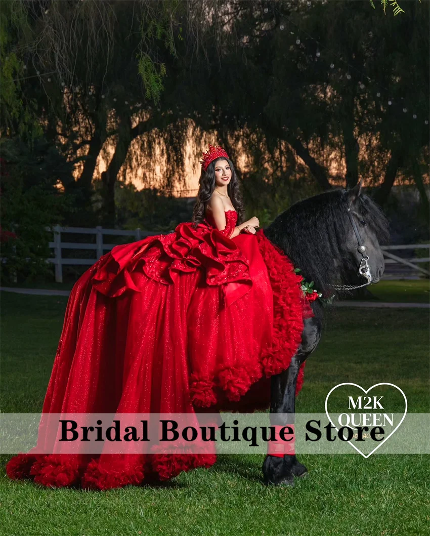 Luxury Red Quinceanera Dress With Bow Appliques Beads Diamonds Tiered Ruffle Court Train Ball Gown Vestido De 15 Bow