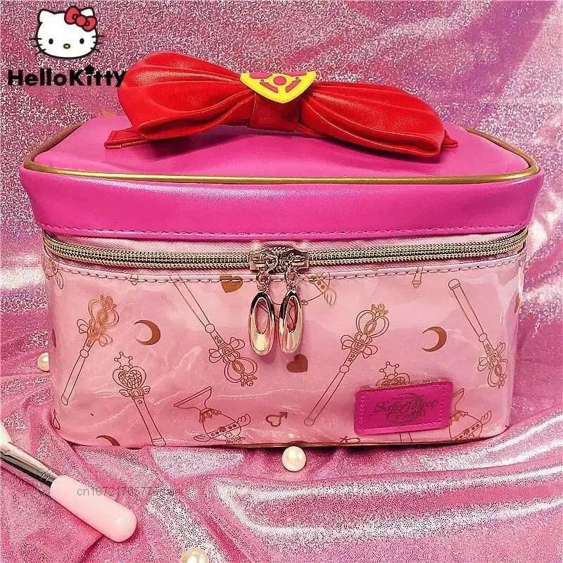 Sweet Pink Moon & Star Pattern Cute Anime Makeup Bag Y2k Women\'s PU Large Capacity Portable Zipper Fashion Cosmetic Storage Bag