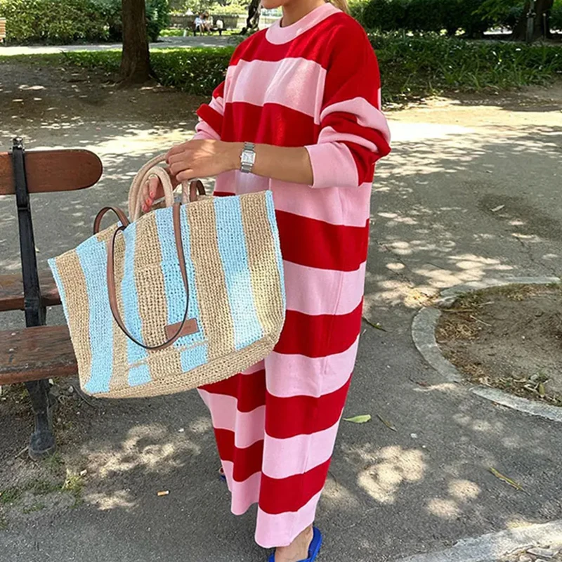 

Striped Contrast Color Female Knitted Dress O-neck Long Sleeved Loose Knit Robes 2024New Sweet Casual Streetwear Maxi Dresses