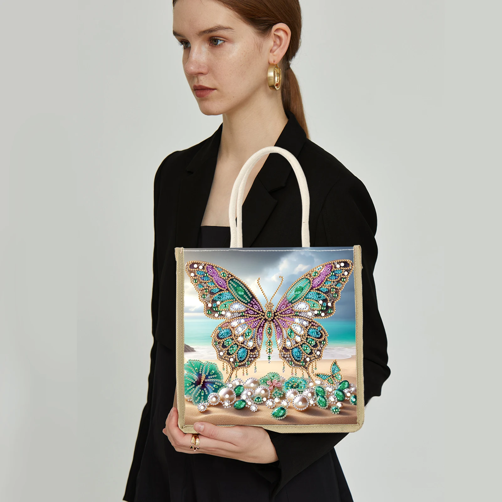 Diamond Art Painting Handbag Kits,beach butterfly Special Shape Diamond Canvas Art Bag Shopping Storage Bag Craft Handmade Gift view 5