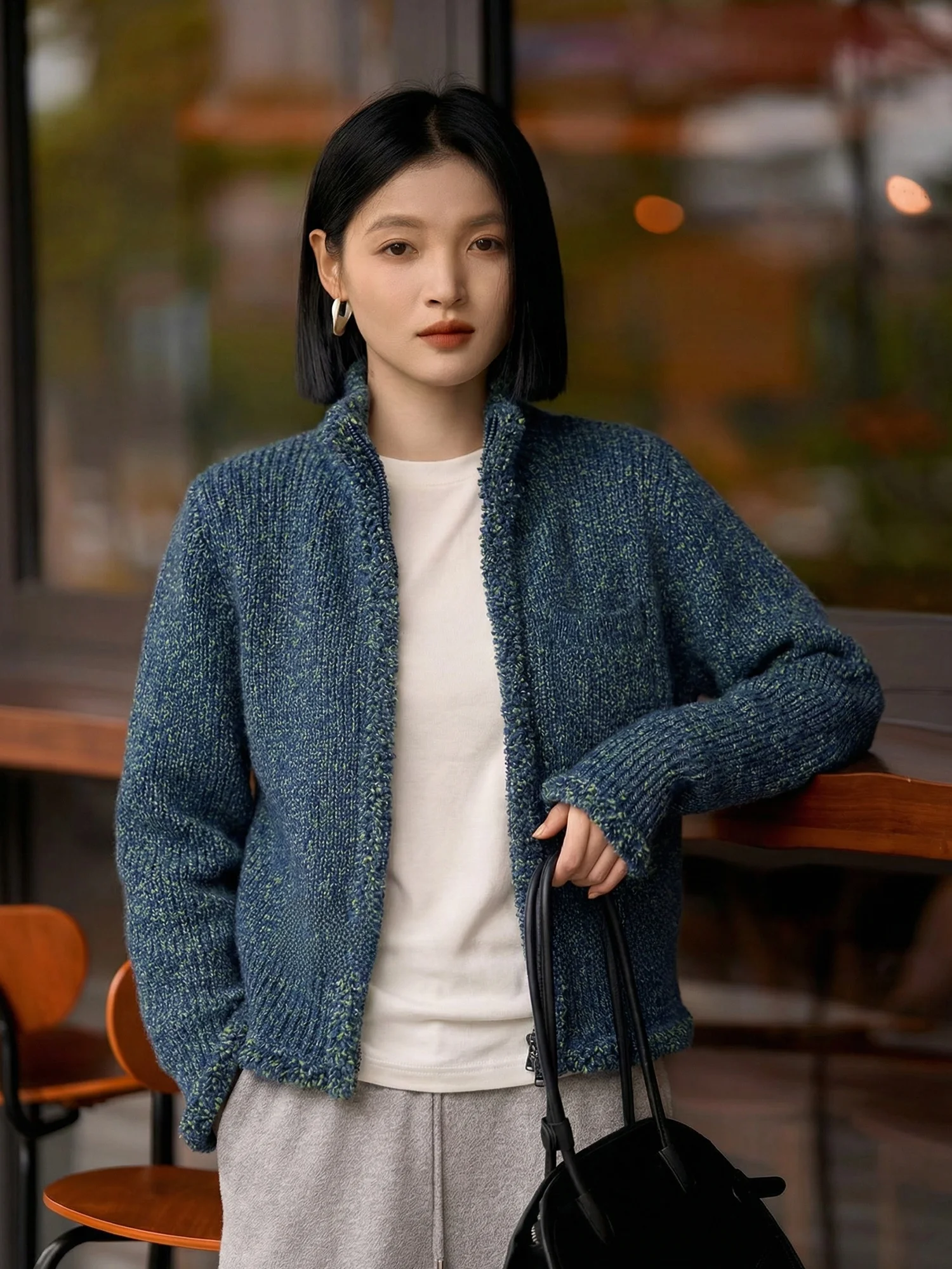 

Вязаный кардиган Chivirin с высоким воротником на молнии, свободного кроя, для женщин, весна-осень, синий