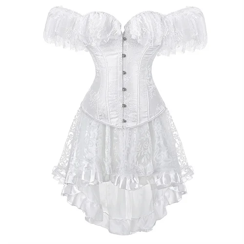 Vestido de corsé blanco para novia, conjunto de encaje de tutú de talla grande, traje Sexy de fiesta, Vintage, elegante, Burlesque, Halloween
