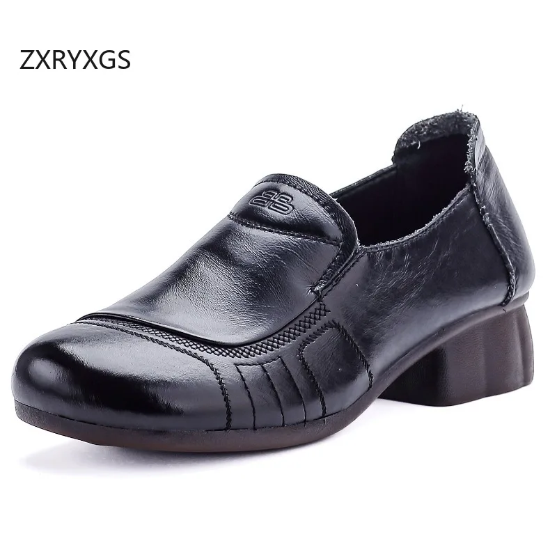 

ZXRYXGS 2026 New Spring Elegant Comfortable Mid Heels Soft Wear Cow Tendon Soled Women Genuine Leather Shoes Banquet Modem Shoes
