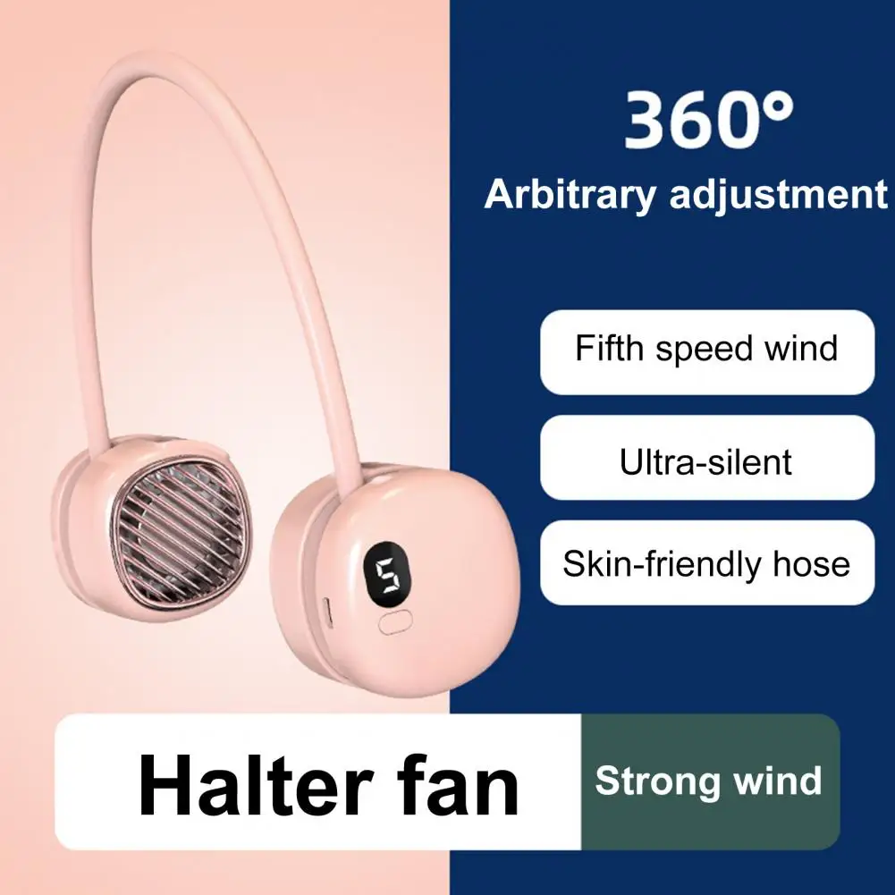 مروحة رقبة معلقة بدون أوراق شاشة ديجيتال 5 سرعات تدفق هواء قوي 360 درجة قابلة لإعادة الشحن مروحة محمولة كسولة بشريط حول الرقبة