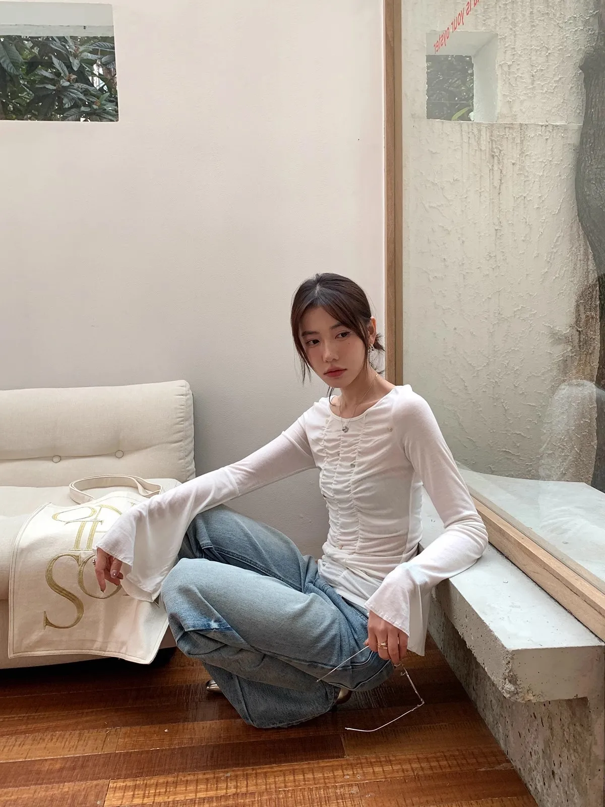 

Повседневная женская футболка Long Sve Design Sense Inner Wear Top Spring New Folded Bot irt Slim Fit Wool Blend Regular Length