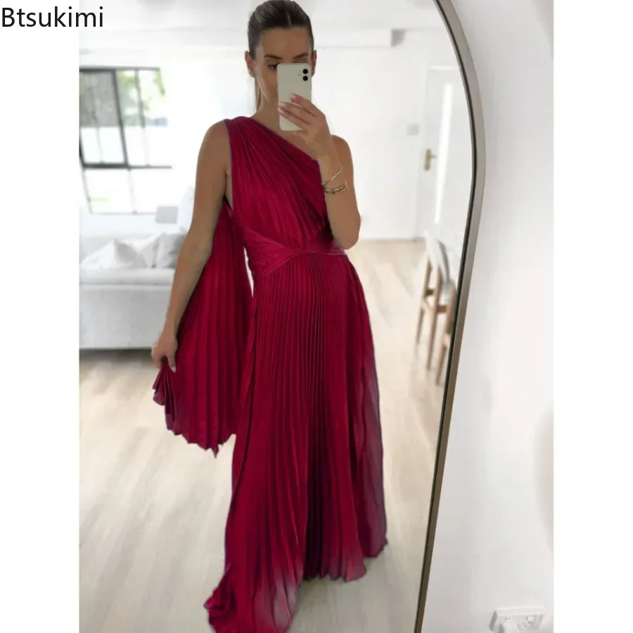 2024 Women's Sexy Off Shoulder Banquet Maxi Dress Oblique Collar Pleated Evening Dresses Ladies Slim Club Party Beach Long Dress