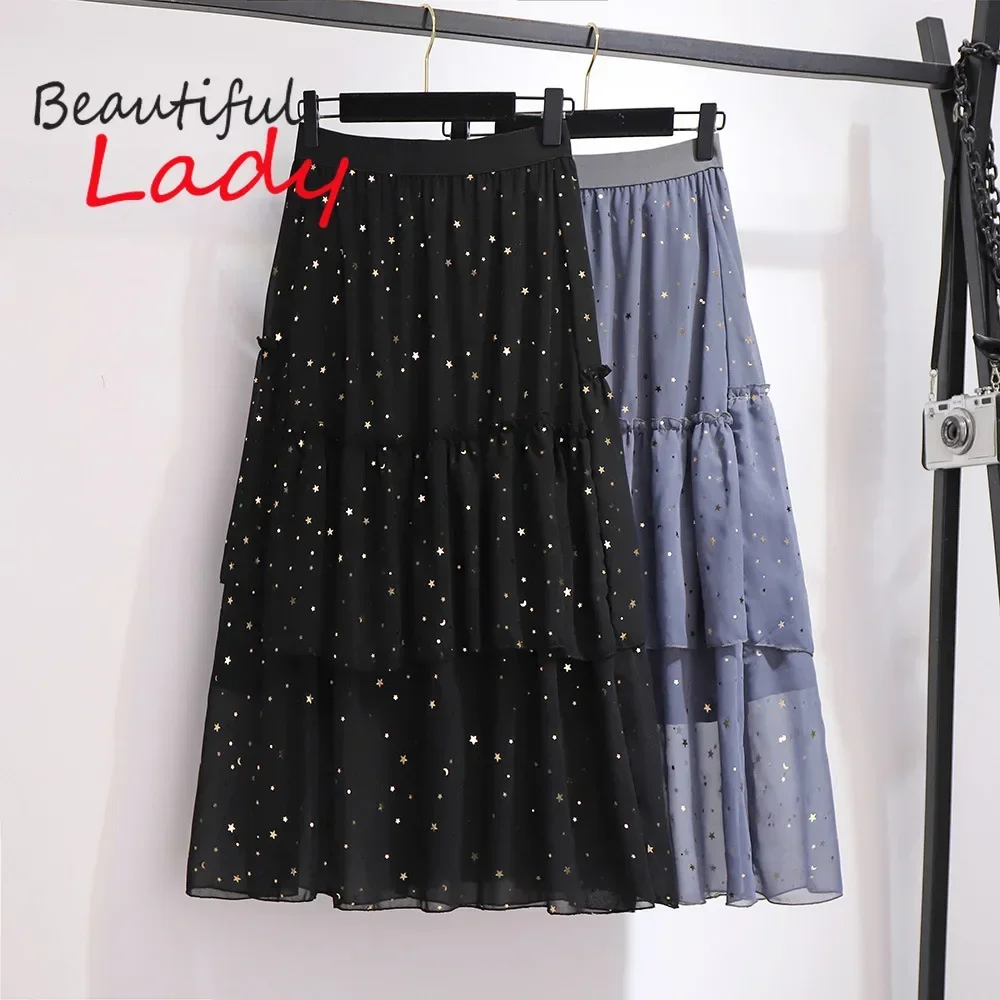 Plus Size Skirts for Womens Sequin Layered Dress Mid-length Woman Skirts Large Size Grenadine Skirt