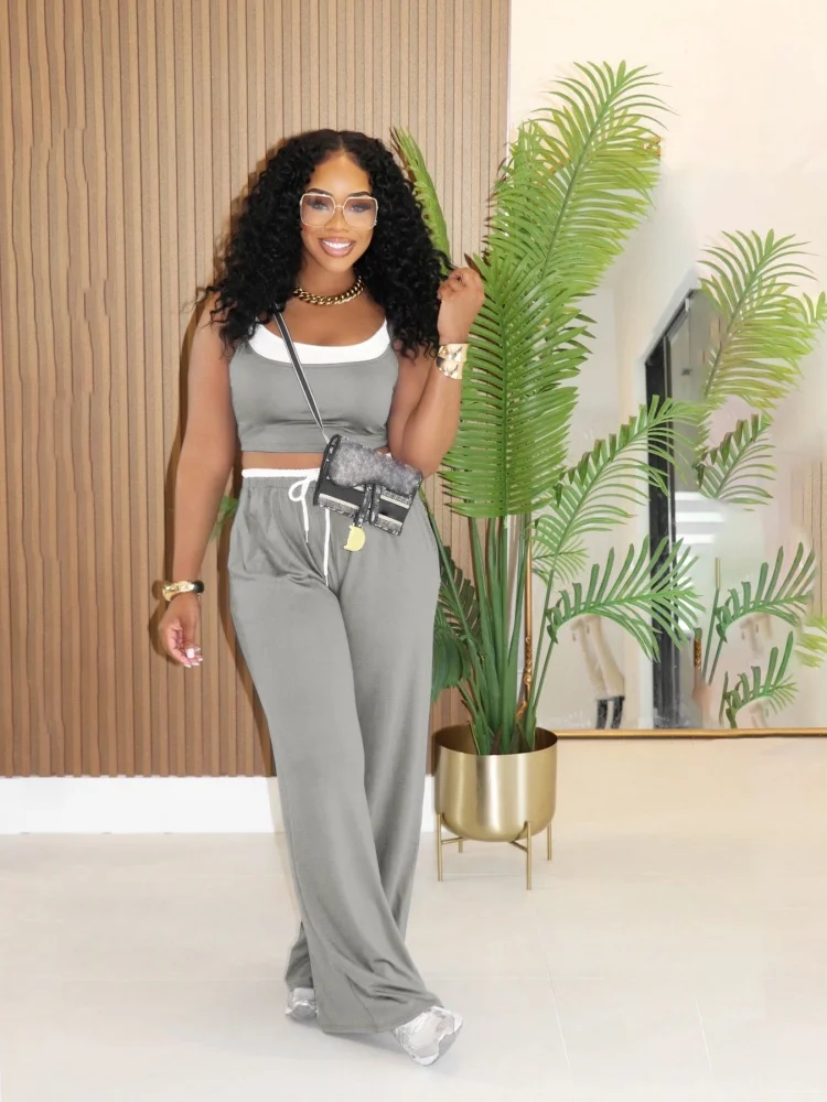 

Three Sisters Summer New Fashion Casual Comfort Birthday Party Woman Clothing Solid Color Vest Ladies Two Piece Sets Pantsuits