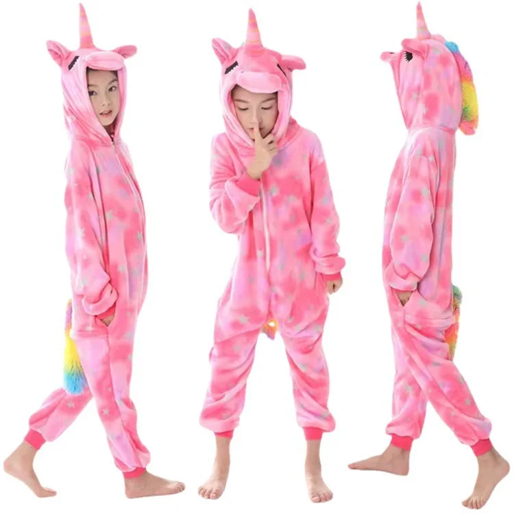 Animal Onesies Kigurumi Unicorn Jumpsuit Pajamas Set Women Winter Overall Flannel Cartoon Cosplay Sleepwear Kids Pijama Homewear