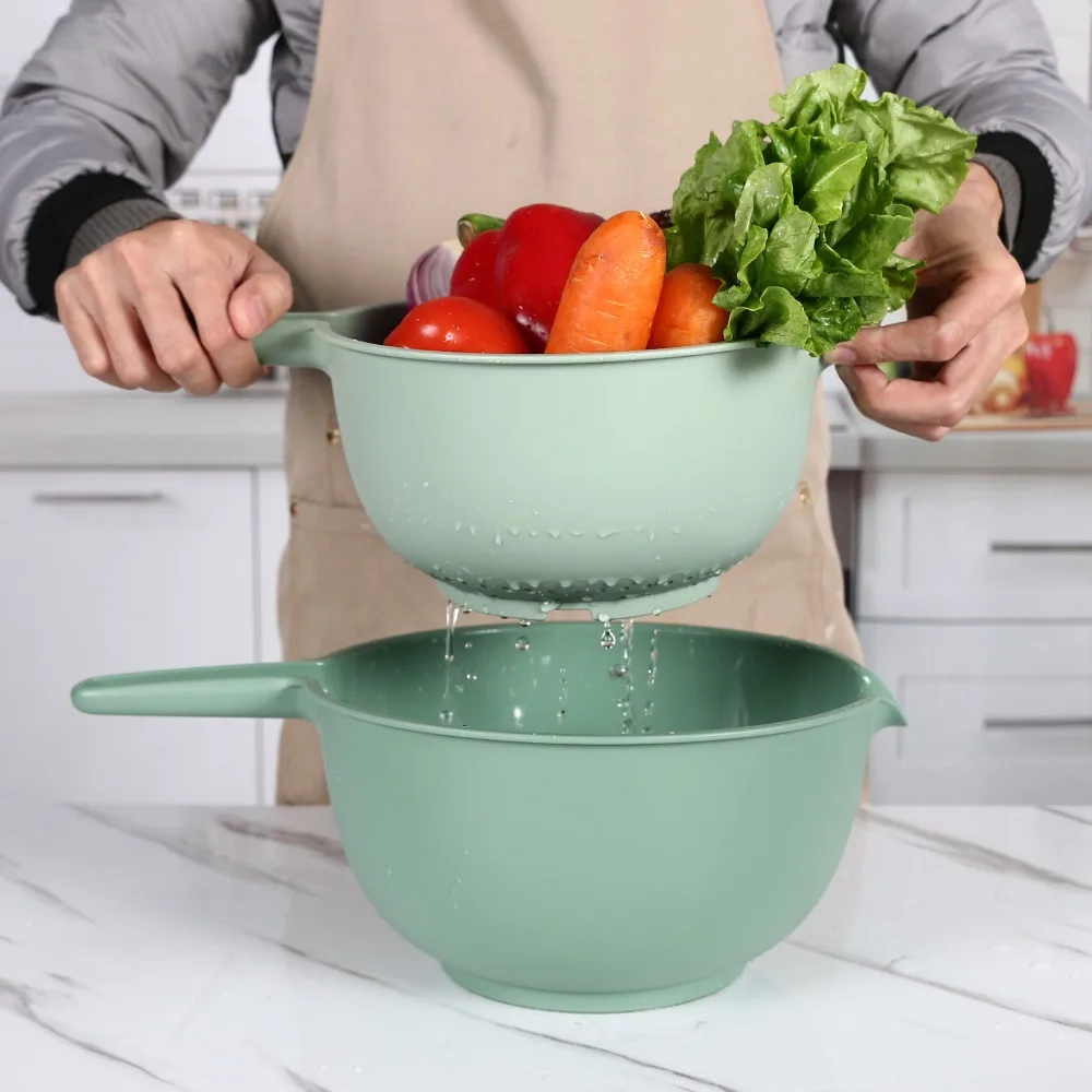 4PCS/Set Plastic Salad Bowls With Handle Comfortable Grip Food Mixing Bowls Filterable Large Capacity Flour Mixing Basin Kitchen