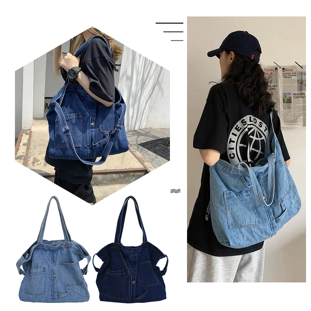 

Casual Shoulder Bag Denim Fashion Messenger Pouch Large Capacity Shoulder Messenger Bag Vintage Pocket for Travel Tote Satchels