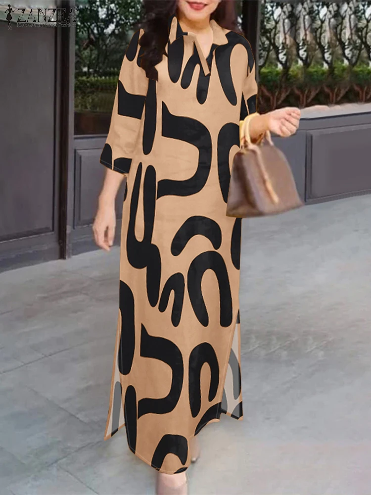 ZANZEA Fashion 2025 Autumn Women Lapel Neck Long Sleeve Dress Printed Dresses Robe Femme Maxi Long Dress Casual Kaftan Oversize