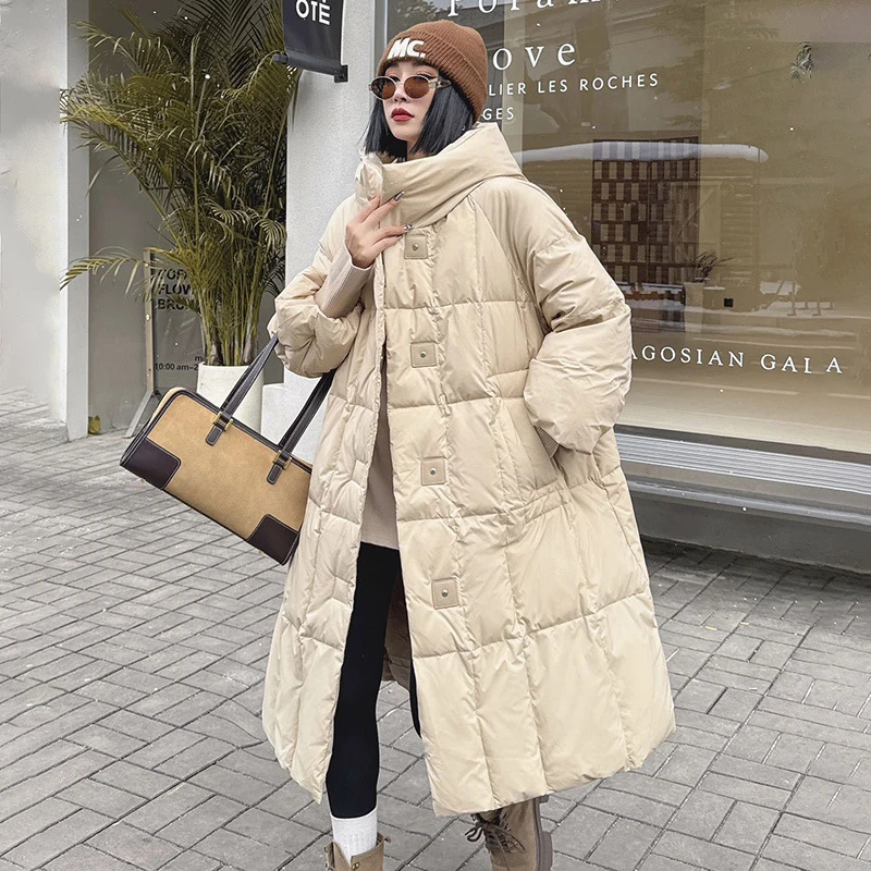 Schinteon Women's White Duck down Long Jacket with Hood Casual Loose Fit Over Size Autumn Winter Thick Warm Outwear High Quality