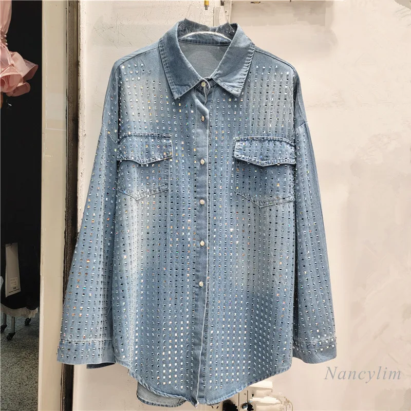 High-end Light Luxury Rhinestone Denim Shirt Women 2024 Autumn New Blue Crystal Hot Diamond Lapel Blouse Street Y2K Top