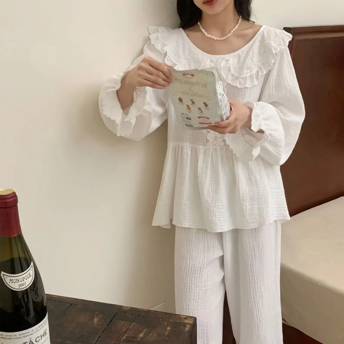 

Sweet White Trouser Suits Sleepwear Spring Autumn Cotton Gauze Pajamas for Women Palace Style Doll Collar Lounge Wear Homewear