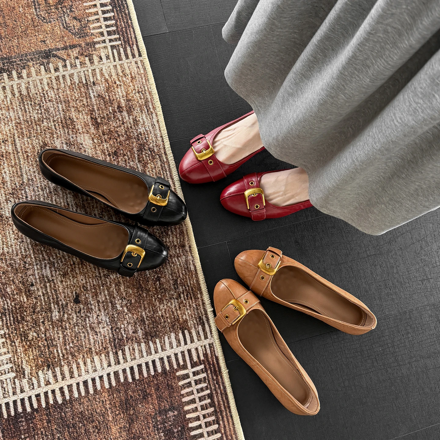2026new spring autumn women pumps natural leather 22-25cm cowhide+pigskin+sheepskin round toe buckle loafers women shoes fashion