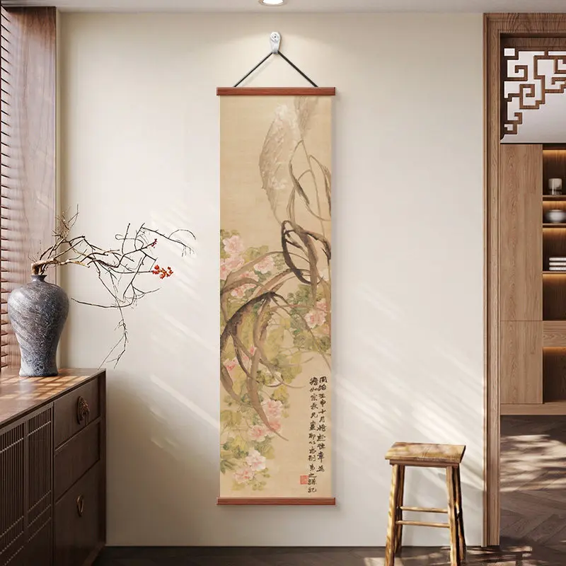 Wall Art Mountain Landscape and Calligraphy Song Inspired Pearlescent Canvas Hanging Scroll with Wooden Rods for Tea Room