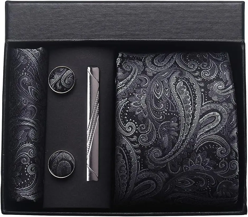 

Classic Paisley Floral Men's Tie Set with Pocket Square, Tie Clip, and Cufflinks for Formal Occasions