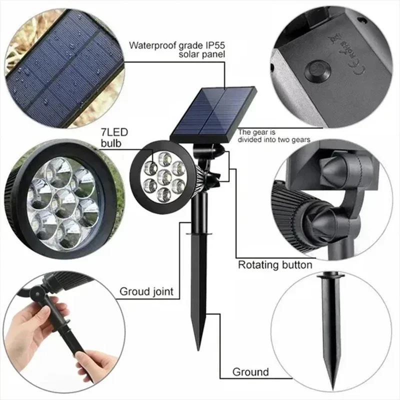 1/2Pcs Solar Powered 7LED Lamp Adjustable Solar Spotlight In-Ground IP65 Waterproof Landscape Wall Light Outdoor Lighting